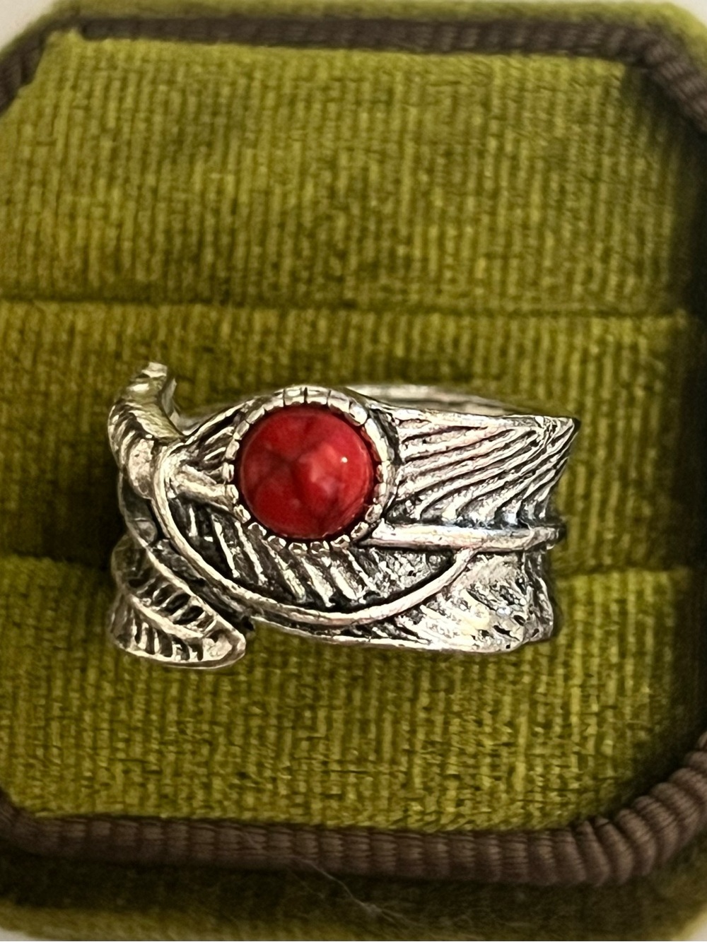 Boho/ Design Red Turquoise Silver Feather Wrap Wide Band Size 8